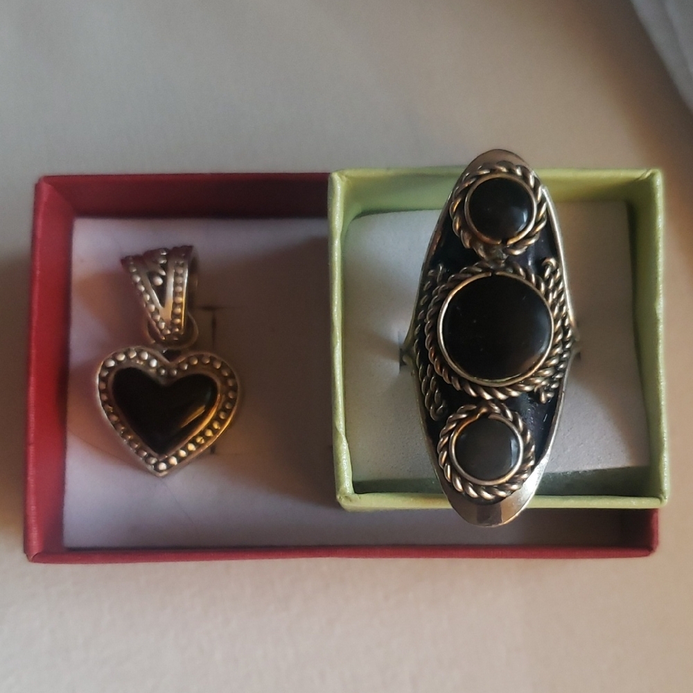 Vintage Elegant Black Onyx Pendant 925  & Silver RING Jewelry Set